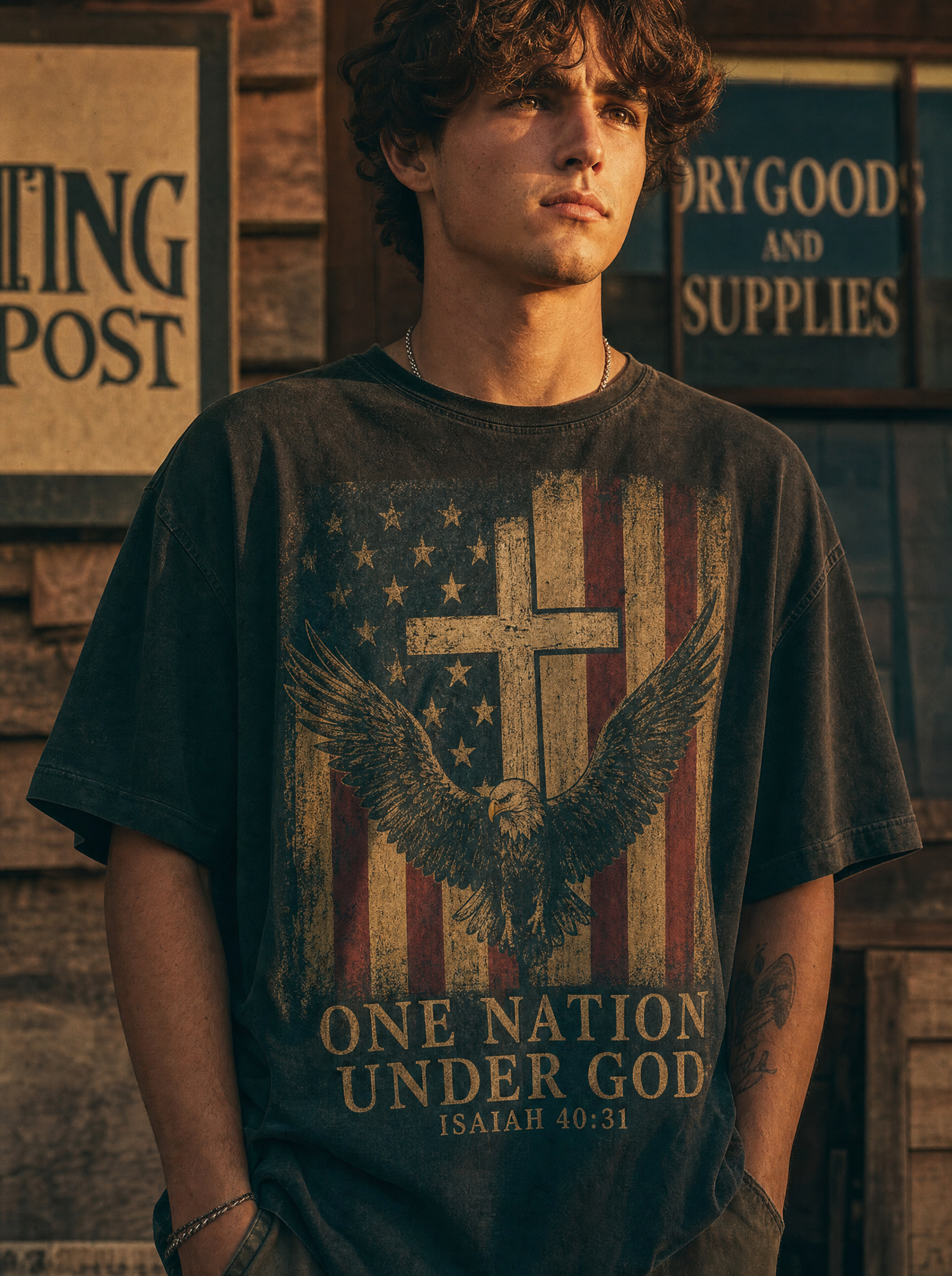 Faith & Freedom - model wearing a patriot faith tee