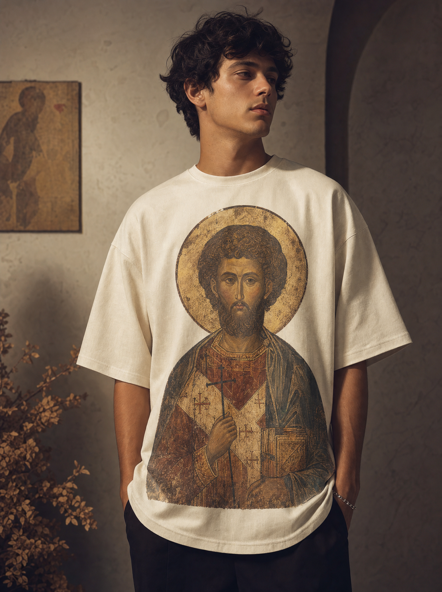 Sacred Icons – model wearing a sacred icon tee